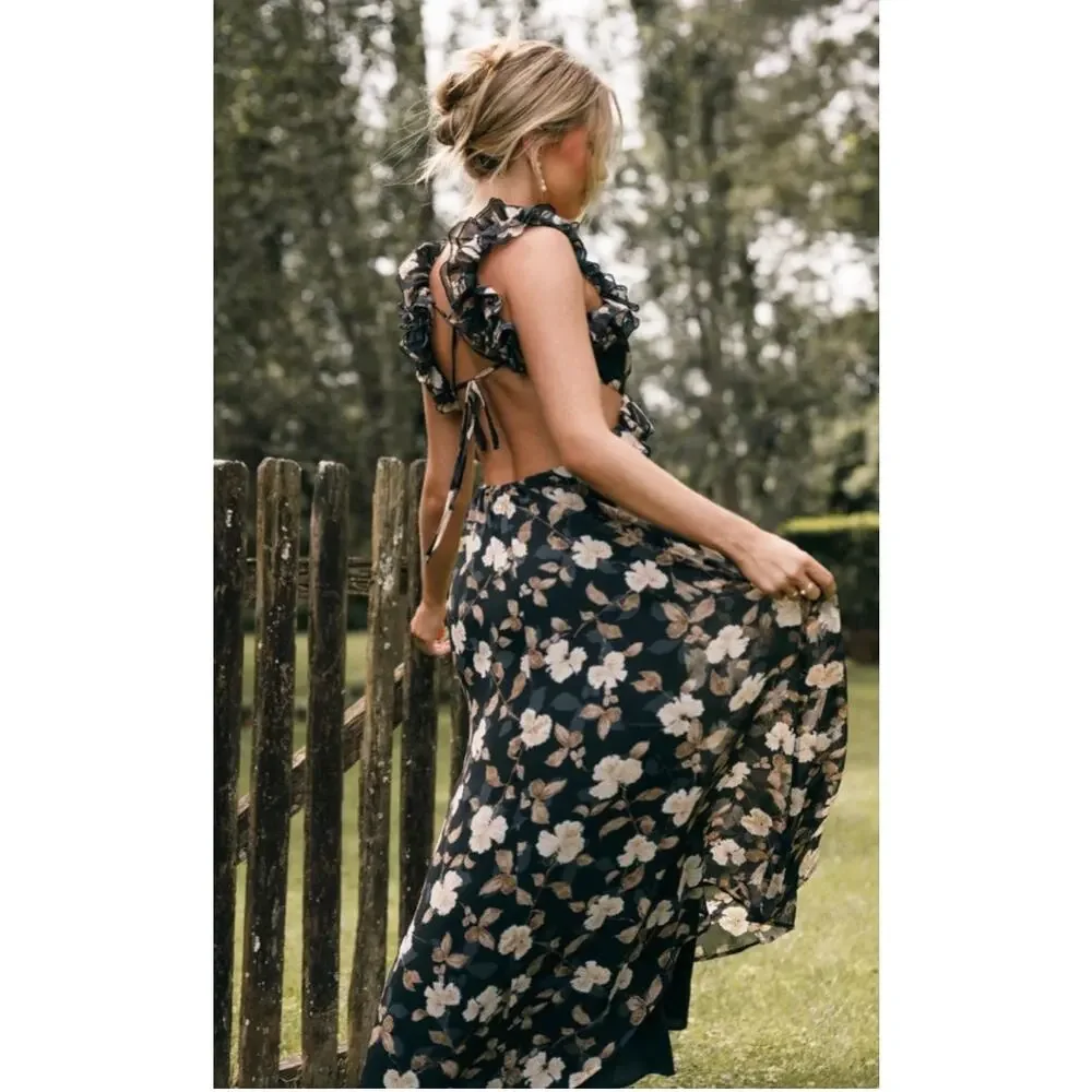 Petal & Pup Lucah Dress Size Large Frill Floral Maxi Wedding Formal Cocktail Blk - Picture 2 of 16